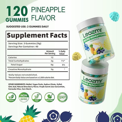 Creatine Monohydrate Gummies 5000mg for Men & Women, Chewables Creatine Monohydrate Supplement(120 Count)- Blueberry Pineapple