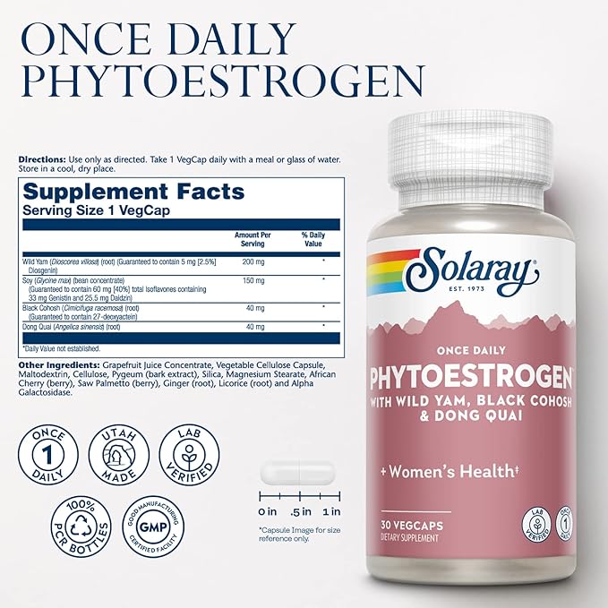 Solaray Once Daily Phytoestrogen - Phyto Estrogen Supplement for Women with Black Cohosh, Dong Quai, Wild Yam, Soy Isoflavones - Women's Health Support - 60-Day Guarantee, 30 Servings, 30 VegCaps