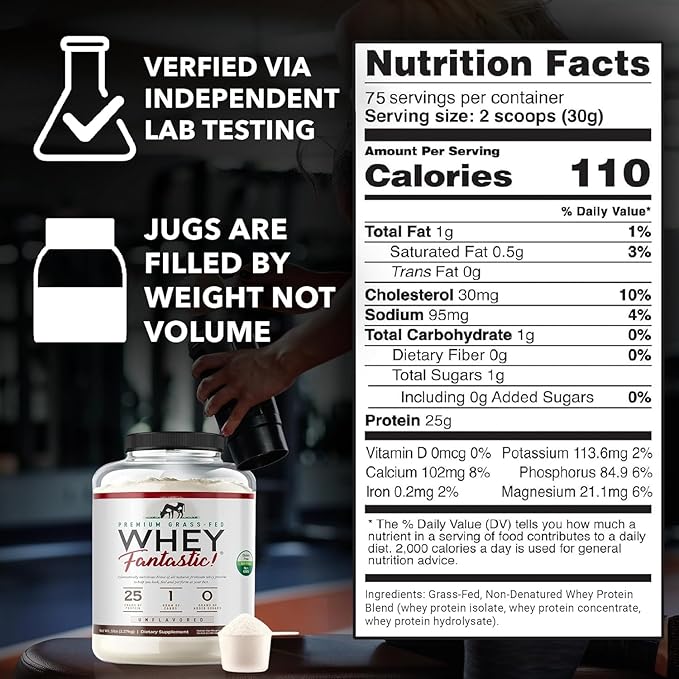 Whey Fantastic Unflavored - 100% Natural Grass Fed Whey Protein Powder - Unique 3-Whey Blend of Whey Isolate, Concentrate & Hydrolysate Provides 25g of Protein per Serving - 5lb - 75 Servings