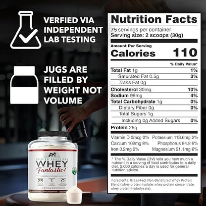 Whey Fantastic Unflavored - 100% Natural Grass Fed Whey Protein Powder - Unique 3-Whey Blend of Whey Isolate, Concentrate & Hydrolysate Provides 25g of Protein per Serving - 5lb - 75 Servings