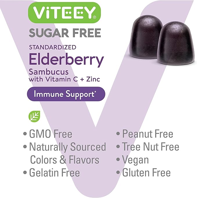 Sambucus Elderberry Gummies for Adults & Teens + Zinc & Vitamin C - Sugar Free - Immune Support & Booster Herbal Supplement - Vegan, Gluten Free, Gelatin Free, GMO Free, Chewable Berry Flavored Gummy
