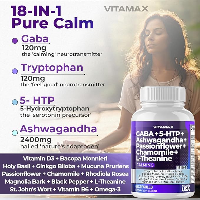 GABA 500mg 5 HTP 150mg Ginkgo Biloba L Tryptophan 500mg L Theanine 200mg Ashwagandha 2000mg - Calming Vitamins for Men and Women with - Made in USA - 120ct