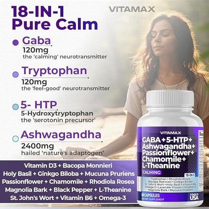 GABA 500mg 5 HTP 150mg Ginkgo Biloba L Tryptophan 500mg L Theanine 200mg Ashwagandha 2000mg - Calming Vitamins for Men and Women with - Made in USA - 120ct