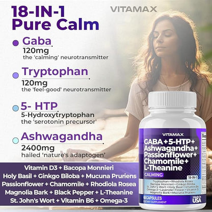 GABA 500mg 5 HTP 150mg Ginkgo Biloba L Tryptophan 500mg L Theanine 200mg Ashwagandha 2000mg - Calming Vitamins for Men and Women with - Made in USA (60 Count (Pack of 1))