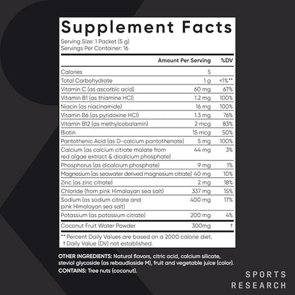 Sports Research Hydrate Electrolytes Powder Packets - Sugar-Free & Naturally Flavored with Vitamins, Minerals, and Coconut Water - Supports Hydration - 16 Packets - Raspberry Lemonade