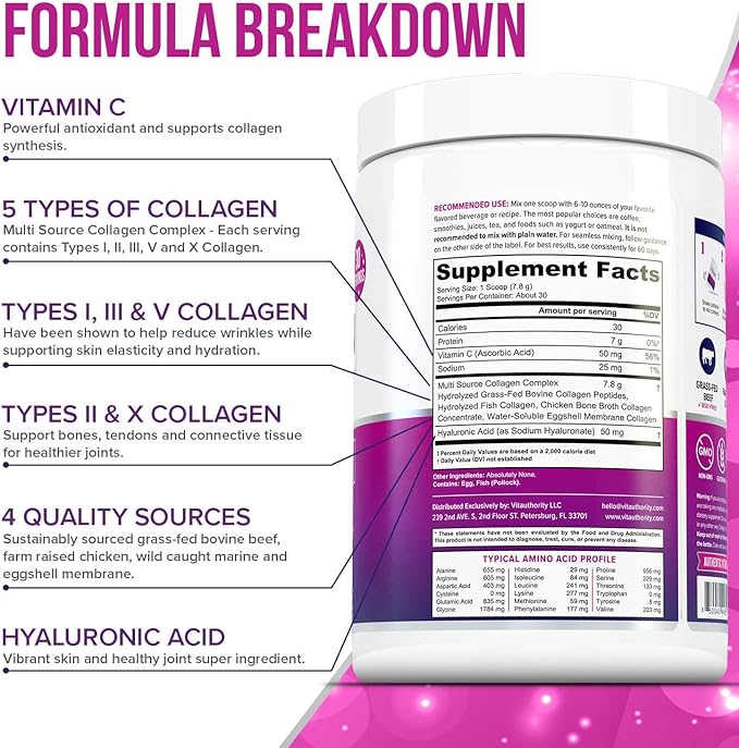 Multi Collagen Peptides Powder for Women and Men - Instant Dissolving Grass Fed Hydrolyzed Collagen Powder Drink Mix for Beautiful Hair Skin and Nails with Hyaluronic Acid and Vitamin C - Unflavored