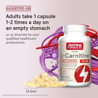Jarrow Formulas L-Carnitine 500 mg - 100 Veggie Licaps - Important Cofactor for Energy Production (ATP) from Fats - Dietary Supplement - Vegan - Up to 100 Servings