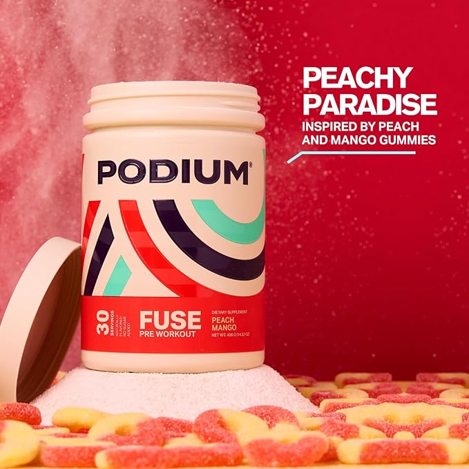 Podium Nutrition, Fuse Pre Workout Powder, Peach Mango, 30 Servings, Beta Alanine and Caffeine for Energy, Gluten Free, Soy Free, Dairy Free