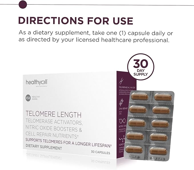 Healthycell Telomere Length | Supplement for Lengthening Telomeres and DNA Repair, Anti Aging, Cell Health, Stem Cell Support | Clinically Proven Ingredient AC11® | 578 mg Capsules
