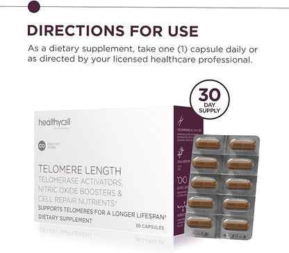 Healthycell Telomere Length | Supplement for Lengthening Telomeres and DNA Repair, Anti Aging, Cell Health, Stem Cell Support | Clinically Proven Ingredient AC11® | 578 mg Capsules