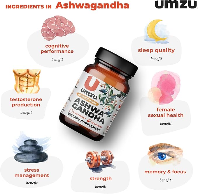 UMZU Ashwagandha Advanced Stress & Cortisol Support Supplement, Memory, Focus, Cognition, 24-Hour Extended Release (30 Day Supply | 30 Capsules)