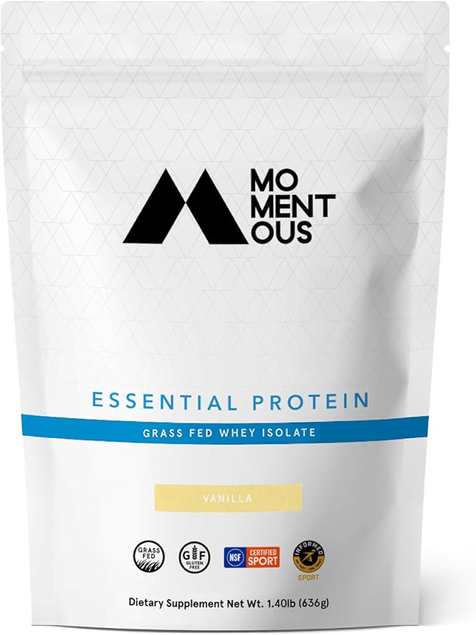 Momentous Essential Grass-Fed Whey Protein Powder - 20g Whey Isolate Protein - NSF Certified, Gluten-Free, 24 Servings for Essential Everyday Use, Vanilla (Package May Vary)
