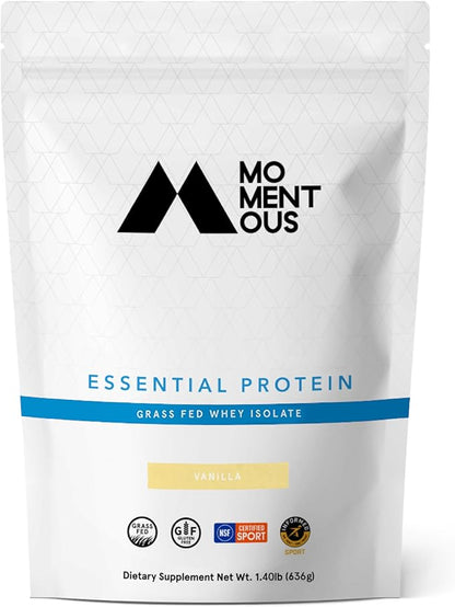 Momentous Essential Grass-Fed Whey Protein Powder - 20g Whey Isolate Protein - NSF Certified, Gluten-Free, 24 Servings for Essential Everyday Use, Vanilla (Package May Vary)