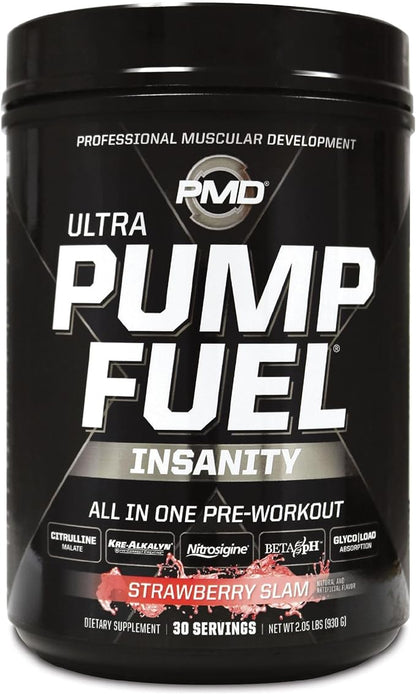 PMD Sports Ultra Pump Fuel Insanity - Pre Workout Drink Mix for Energy, Strength, Endurance, Recovery - Complex Carbohydrates and Amino Energy - Strawberry Slam (30 Servings)