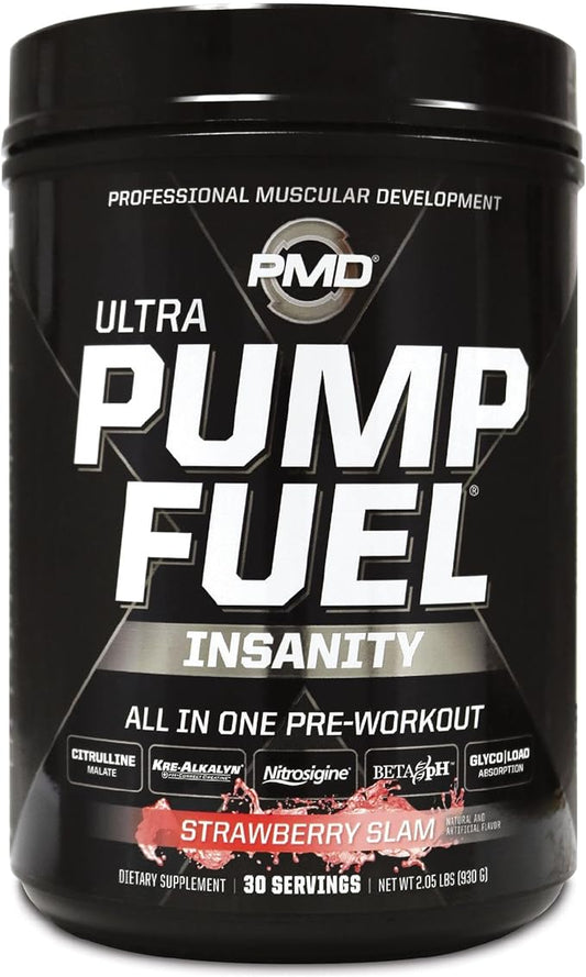 PMD Sports Ultra Pump Fuel Insanity - Pre Workout Drink Mix for Energy, Strength, Endurance, Recovery - Complex Carbohydrates and Amino Energy - Strawberry Slam (30 Servings)