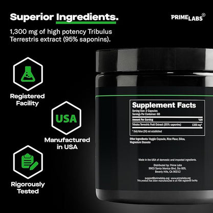 Prime Labs Tribulus Terrestris for Men - Men's Supplement with 95% Saponins - Energy & Vitality Booster - with 1,300 mg Tribulus Terrestris Extract - 120 Capsules