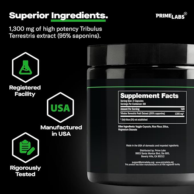Prime Labs Tribulus Terrestris for Men - Men's Supplement with 95% Saponins - Energy & Vitality Booster - with 1,300 mg Tribulus Terrestris Extract - 120 Capsules