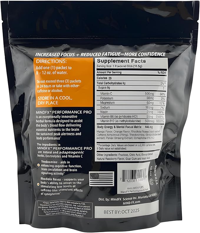 MindFX Performance Pro Blend - Orange Mango | Brain Support Energy Sticks for Focus, Memory, and Cognitive Health | Nootropic Drink Mix with Natural Ingredients - 20 sticks (Orange Mango Pro, 1)