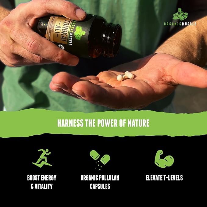 Organic Muscle Tongkat Ali for Men, 500mg - Pure & Potent USDA Eurycoma Longifolia Root Supplement 60 Count – Wild Grown Men's Health Hormone Support for Male Performance, Drive & Energizer