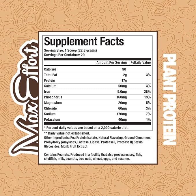 MAX EFFORT Plant Protein Powder, 17 G Pea Protein, Plant Based, Gluten Free, Low Carb, Protein Shake or Smoothie Mix, Meal Replacement, No Whey, No Sugar Substitutes, Vanilla Cinnamon, 20 Srvg