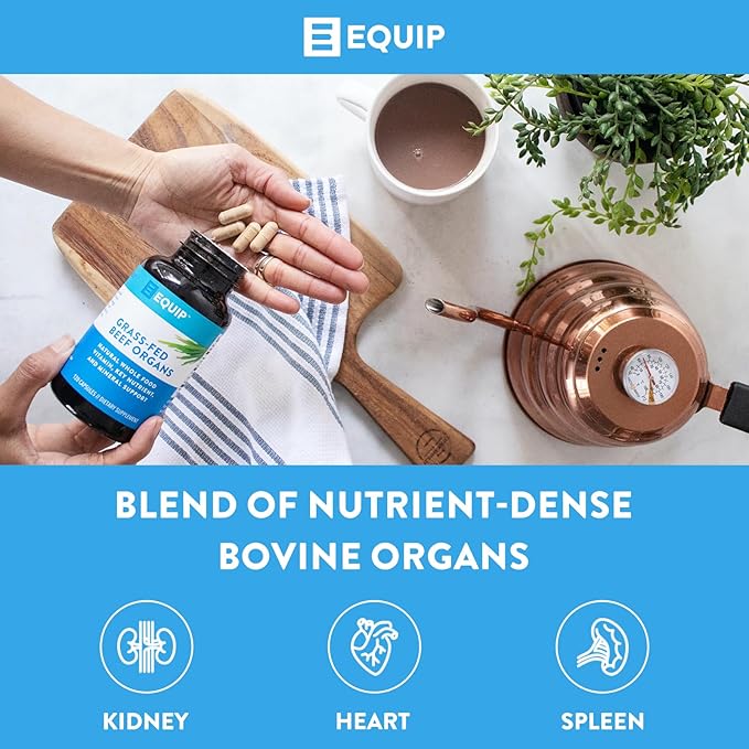 Equip Foods Grass-Fed Beef Organs | Grass Fed Beef Organ Supplement | Support Heart, Kidney & Spleen Health, Detox, Digestion & Metabolism | Antibiotic and GMO Free | 120 Capsules, 30 Servings