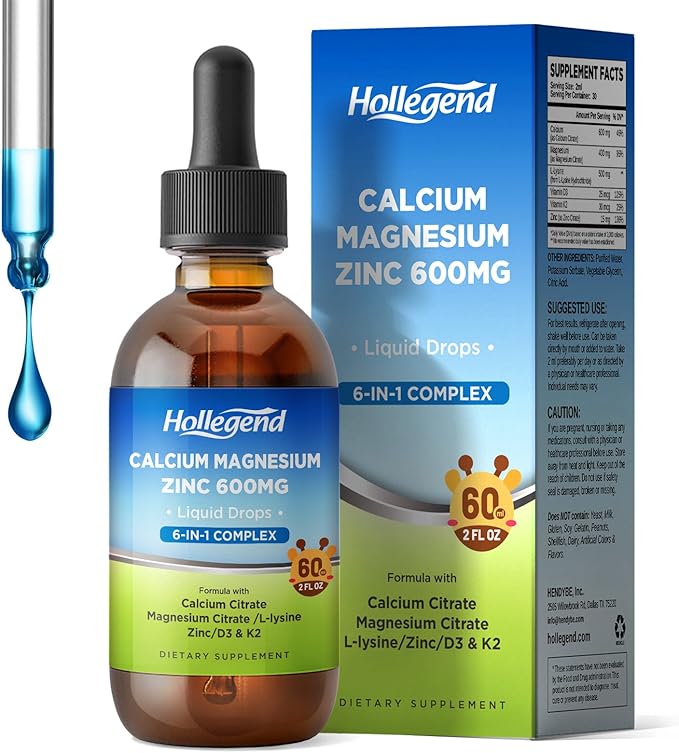 Liquid Calcium Citrate Drops with L-Lysine 500mg, Magnesium & Zinc, Calcium Citrate 600mg Supplement with Vitamin D3 & K2 for Kids & Adults, Muscle & Bone Support, Immune, Brain & Lip Health, 2 Fl Oz
