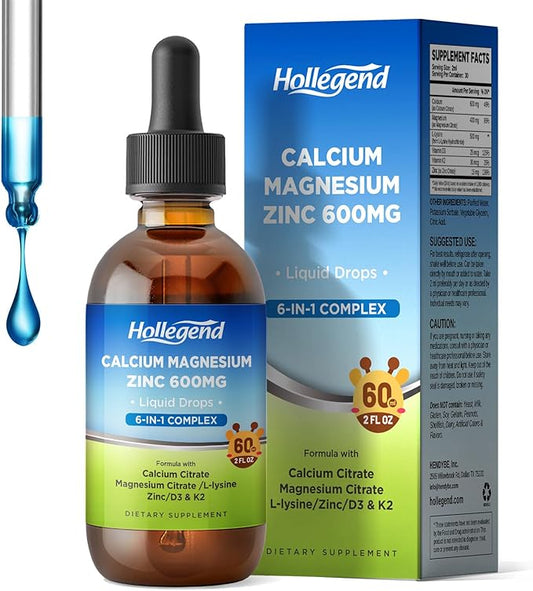 Liquid Calcium Citrate Drops with L-Lysine 500mg, Magnesium & Zinc, Calcium Citrate 600mg Supplement with Vitamin D3 & K2 for Kids & Adults, Muscle & Bone Support, Immune, Brain & Lip Health, 2 Fl Oz