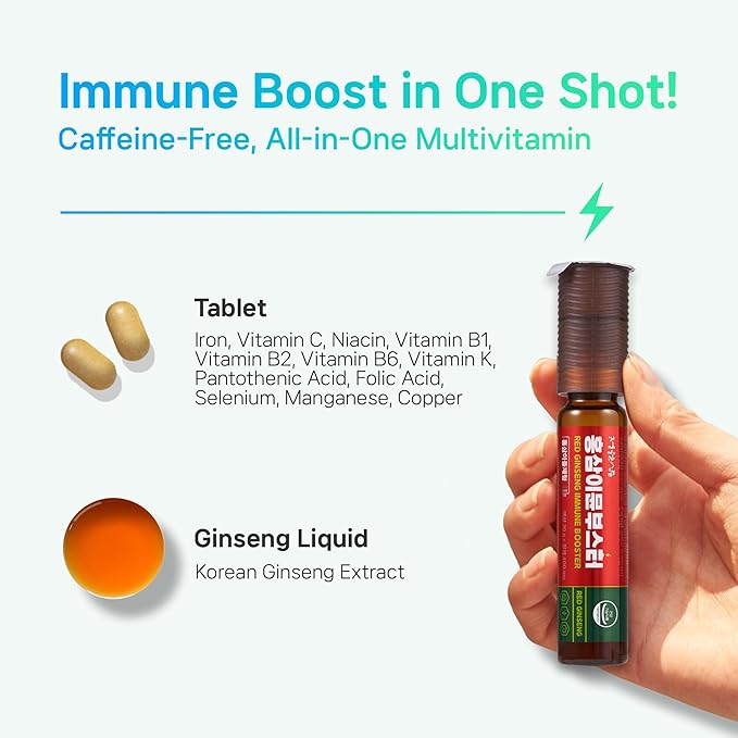 Korean Red Ginseng Immune Drink Booster - 7 Serving Vials with 12 Multivitamins, Including Zinc, Vitamin C, Iron, Niacin & 20g Ginseng Extract | Drinkable Supplement for Immunity