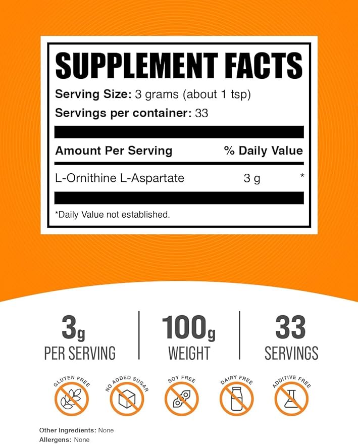 BulkSupplements.com L-Ornithine L-Aspartate Powder - Ornithine Supplement, Ornithine Powder - Amino Acid Supplement, Gluten Free, 3g per Serving, 100g (3.5 oz) (Pack of 1)