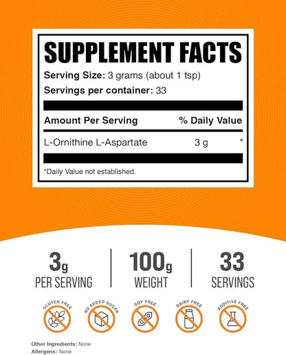 BulkSupplements.com L-Ornithine L-Aspartate Powder - Ornithine Supplement, Ornithine Powder - Amino Acid Supplement, Gluten Free, 3g per Serving, 100g (3.5 oz) (Pack of 1)