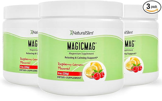 NaturalSlim Magicmag Pure Magnesium Citrate Powder Stress, Constipation, Muscle, Heart Health, and Sleep Support | Raspberry Lemon Magnesium Supplement - 8oz Drink Mix (3 Pack)