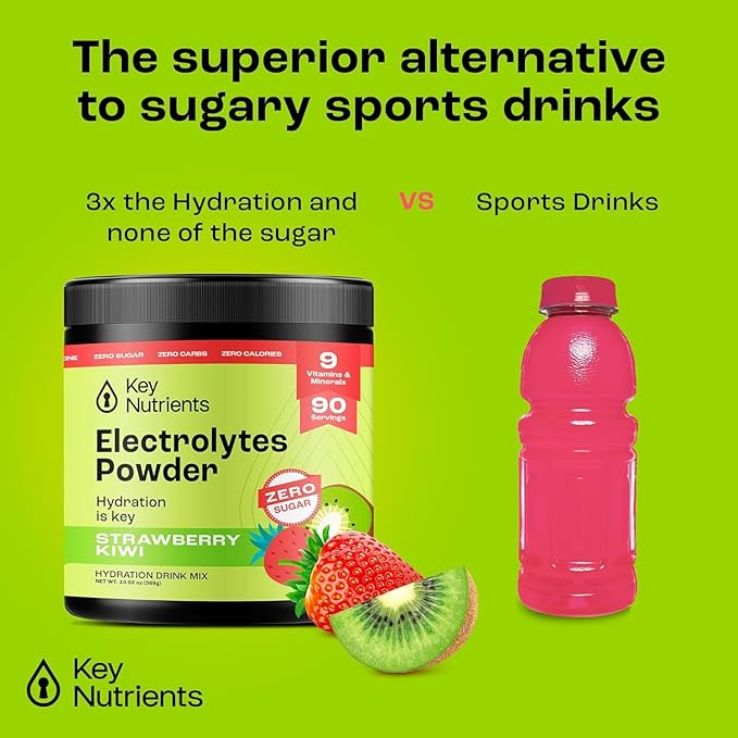 KEY NUTRIENTS Multivitamin Electrolytes Powder No Sugar - Juicy Strawberry Kiwi Electrolyte Powder - Endurance & Energy Supplement - Hydration Powder - No Calories - 90 Servings - Made in USA