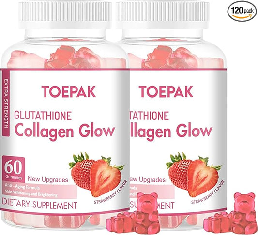 Glutathione Collagen Glow Gummies for Women, Glow Beauty Collagen Anti-Aging brightens Skin Tone & Reduces Fine Lines Wrinkles, Strawberry Flavor, 120 Gummies, 60 Servings (60 Days)