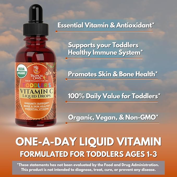 USDA Organic Toddler Vitamin C Drops | Organic Vitamin C Liquid Drops for Toddlers & Babies Ages 1-3 Years | Supports Healthy Immune System | Vegan | Non-GMO | Gluten Free | 60 Servings