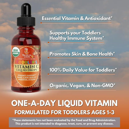 USDA Organic Toddler Vitamin C Drops | Organic Vitamin C Liquid Drops for Toddlers & Babies Ages 1-3 Years | Supports Healthy Immune System | Vegan | Non-GMO | Gluten Free | 60 Servings