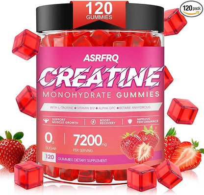 Creatine Monohydrate Gummies for Men & Women 120 CT - 7200mg of Creatine Monohydrate per Serving, Chewable Creatine Monohydrate for Muscle Support & Energy Boost, Sugar Free, Vegan (Strawberry Flavor)