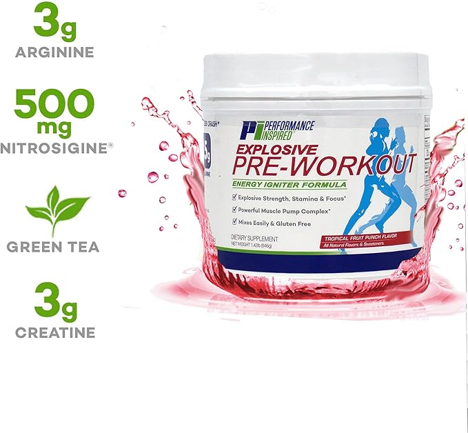 Performance Inspired Nutrition PreWorkout Powder - All Natural - G-Free & Vegan Formula - Contains Citrulline - Nitrosigine - Green Tea - Arginine - Beta Alanine - Tropical Fruit Punch - 32 Servings