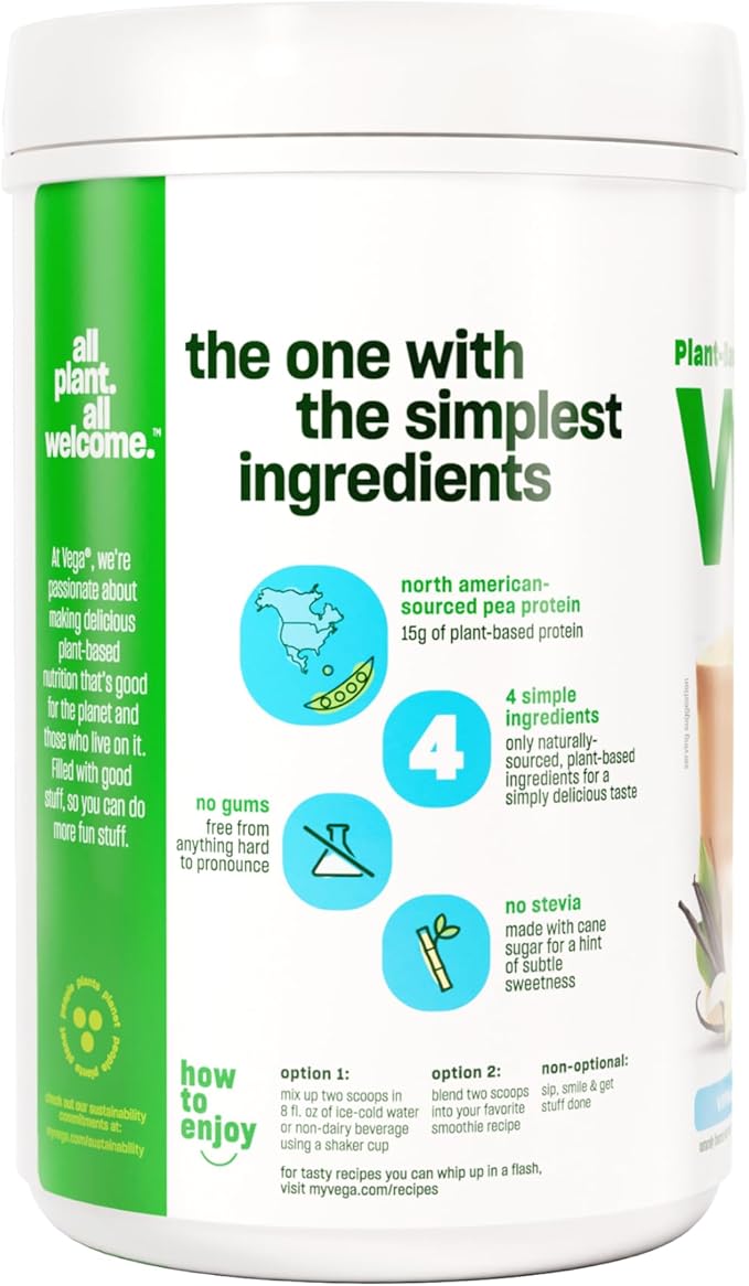 Vega Protein Made Simple Protein Powder, Vanilla - Stevia Free, Vegan, Plant Based, Healthy, Gluten Free, Pea Protein for Women and Men, 9.2 oz (Packaging May Vary)