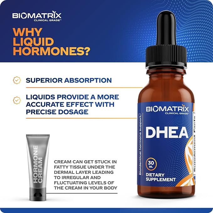 BioMatrix DHEA Liquid Hormone Supplement for Adrenal, Brain, Heart, Bone | Micronized and Liquified for Maximum Absorption, Precision Dosing, Efficacy DHEA (30 ML, 1200mg Total)