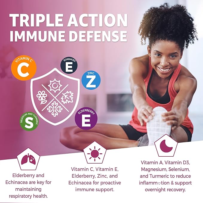 Multivitamin Gummies Daily Immunity Booster, Natural Herbal Elderberry, Echinacea, Turmeric, Vitamin A C, D3 5000IU, E, Zinc, Selenium, Magnesium Support Respiratory, Cellular & Bone Health, 1 Pack