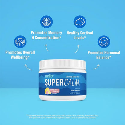 Nello Supercalm Drink Mix - Ashwagandha KSM 66, Magnesium Glycinate, L-Theanine, Vitamin D3 - Ashwagandha Root Extract, Magnesium & L-Theanine Supplement - Focus & Support (30 Servings)