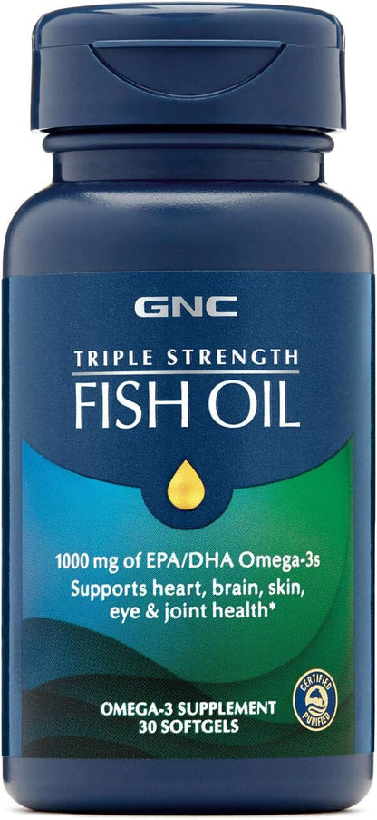 GNC Triple Strength Omega 3 Fish Oil 1000mg, 30 Count, Supports Joint, Skin, Eye, and Heart Health