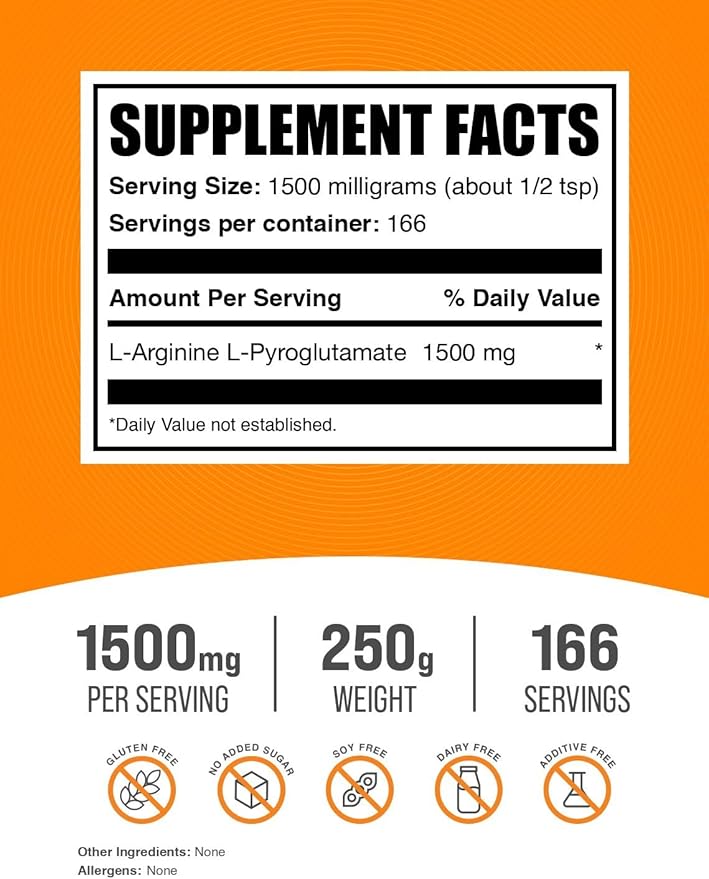 BulkSupplements.com L-Arginine L-Pyroglutamate Powder - Arginine Supplement, Nitric Oxide Supplement, Arginine Powder - Gluten Free, 1500mg per Serving, 250g (8.8 oz) (Pack of 1)
