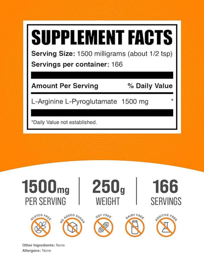 BulkSupplements.com L-Arginine L-Pyroglutamate Powder - Arginine Supplement, Nitric Oxide Supplement, Arginine Powder - Gluten Free, 1500mg per Serving, 250g (8.8 oz) (Pack of 1)