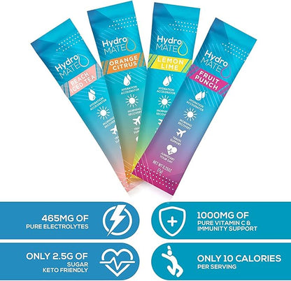 NatureWorks HydroMATE Electrolytes Powder Drink Mix Packets Hydration Accelerator Low Sugar Rapid Party Relief Plus Vitamin C Variety Pack 90 Count