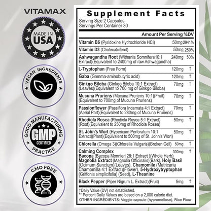 GABA 500mg 5 HTP 150mg Ginkgo Biloba L Tryptophan 500mg L Theanine 200mg Ashwagandha 2000mg - Calming Vitamins for Men and Women with - Made in USA - 120ct