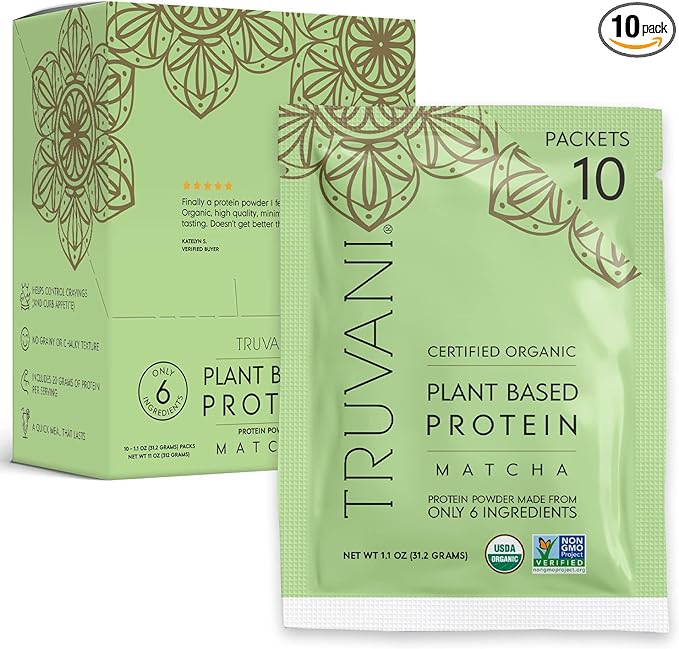 Truvani Vegan Pea Protein Powder | Matcha | 20g Organic Plant Based Protein | 10 Travel Packets | Keto | Gluten & Dairy Free | Low Carb | No Added Sugar