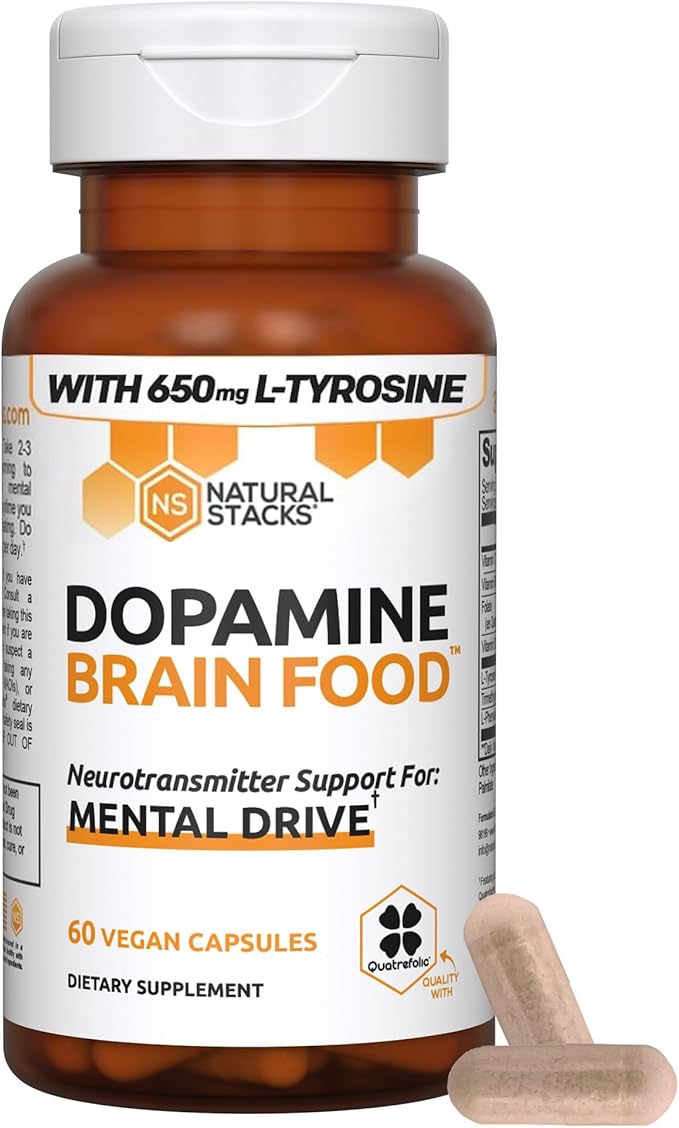 NATURAL STACKS Dopamine Focus Supplement w/L-Tyrosine - Promotes Mental Drive, Clarity & Focus - Dopamine Brain Food Supplement - Supports Mental Energy - 120 Capsules