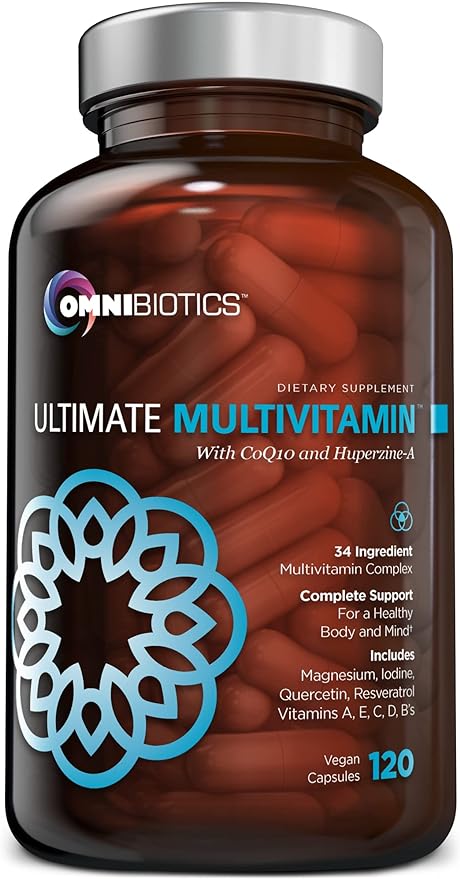 OmniBiotics Ultimate Daily Multivitamin for Women & Men - 120 Vegan Capsules - Includes 34 Essential Ingredients Like Vitamin A, C, D & E, Vitamin B12, B6, Biotin, & Zinc - Multivitamins Supplement