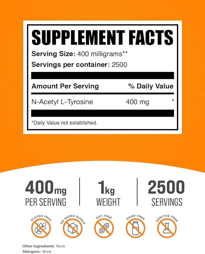 BulkSupplements.com N-Acetyl L-Tyrosine Powder -Tyrosine Supplement, NALT Powder - Amino Acid Supplement, Unflavored & Gluten Free, 400mg per Serving, 1kg (2.2 lbs) (Pack of 1)